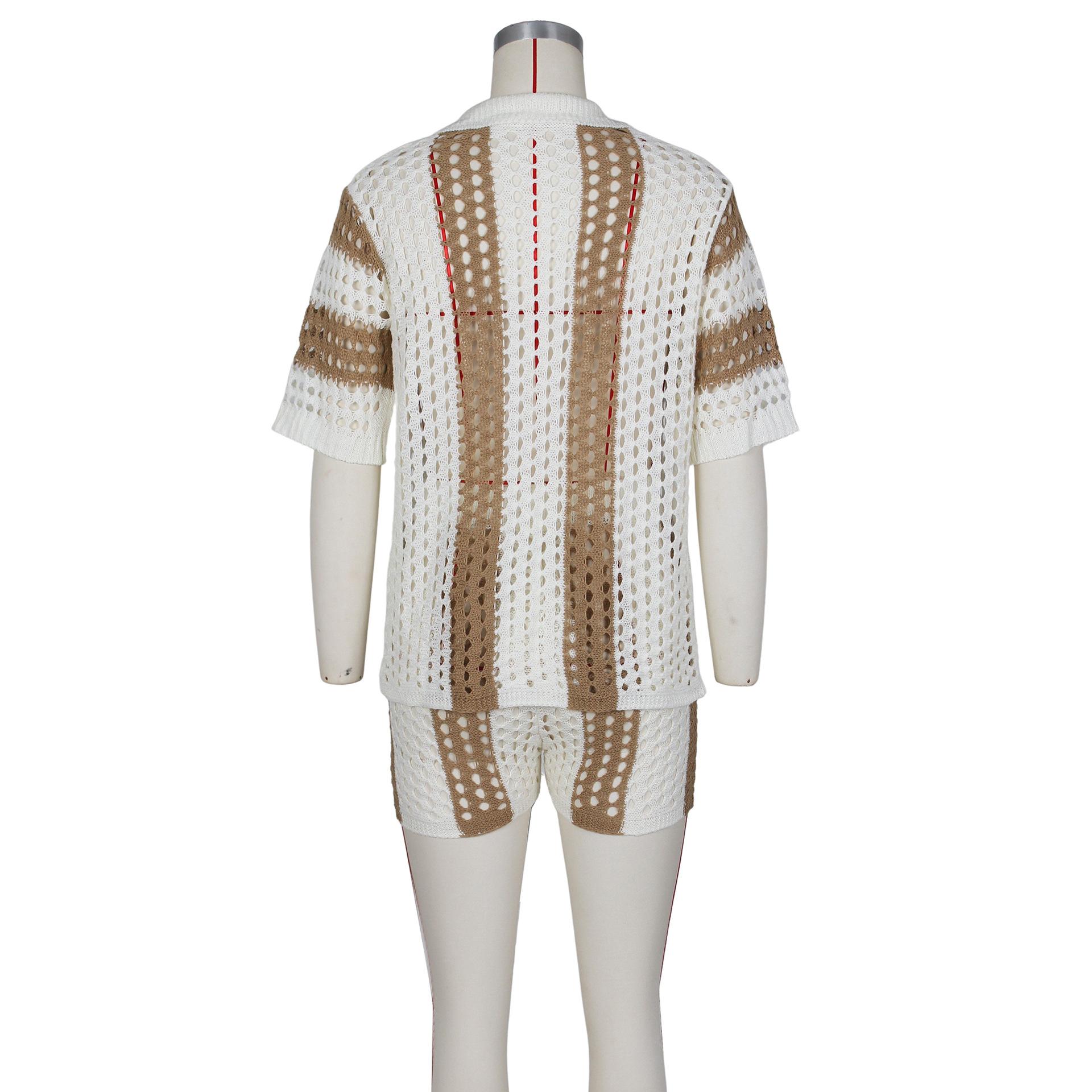 Short Sets Women 2 Piece Outfits Knit Color Block Short Sleeve Button Down Shirt and Shorts Set Color-Block Openwork Summer Vacation Style Two-Piece Set Hawaiian short-sleeved set