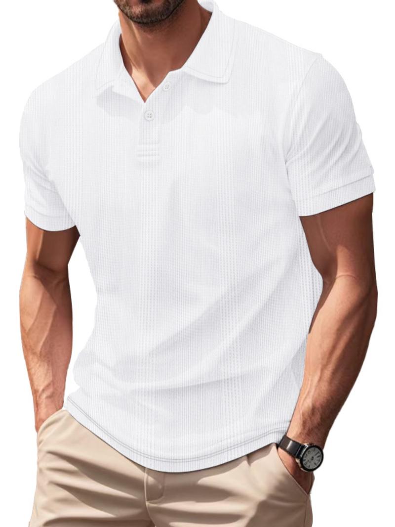 Men's Regular Fit Plain Jacquard Waffle Knit Polo Shirt, Casual Short Sleeve Collared Top for Summer, Fashion Men's Clothes for Daily Wear, Tropical