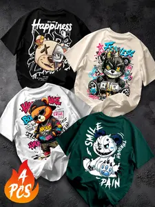 4-Pack American Street Graffiti Bear Print T-Shirts, Men's Loose Fit Short Sleeve, High Street Fashion Streetwear, Multiple Colors, Versatile Style