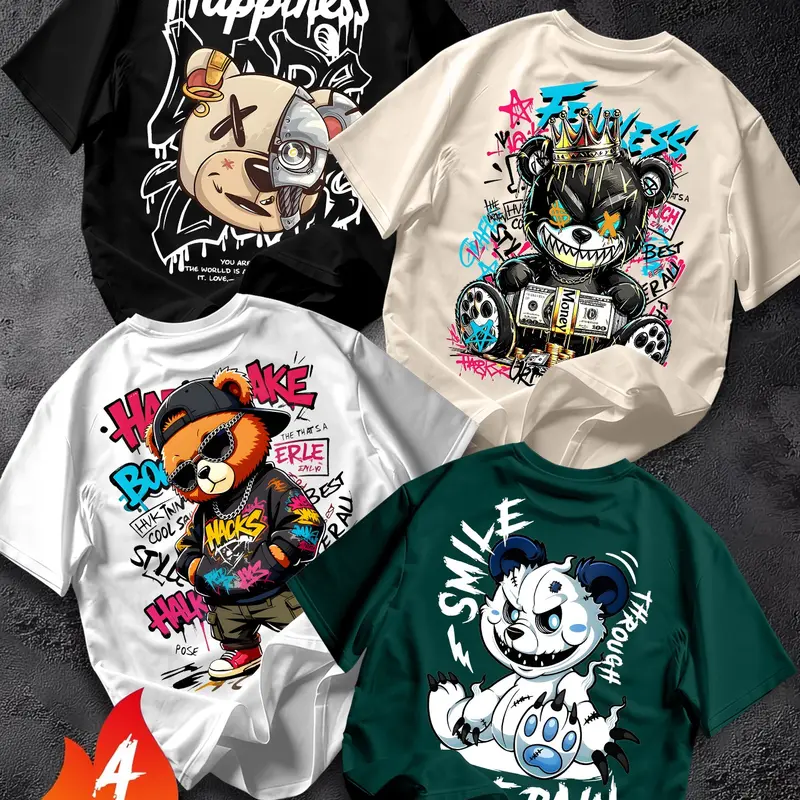 4-Pack American High Street Fashion Graffiti Bear Print T-Shirts, Men's Loose-Fit Casual Short Sleeve Tees, Multiple Colors, Versatile Tops