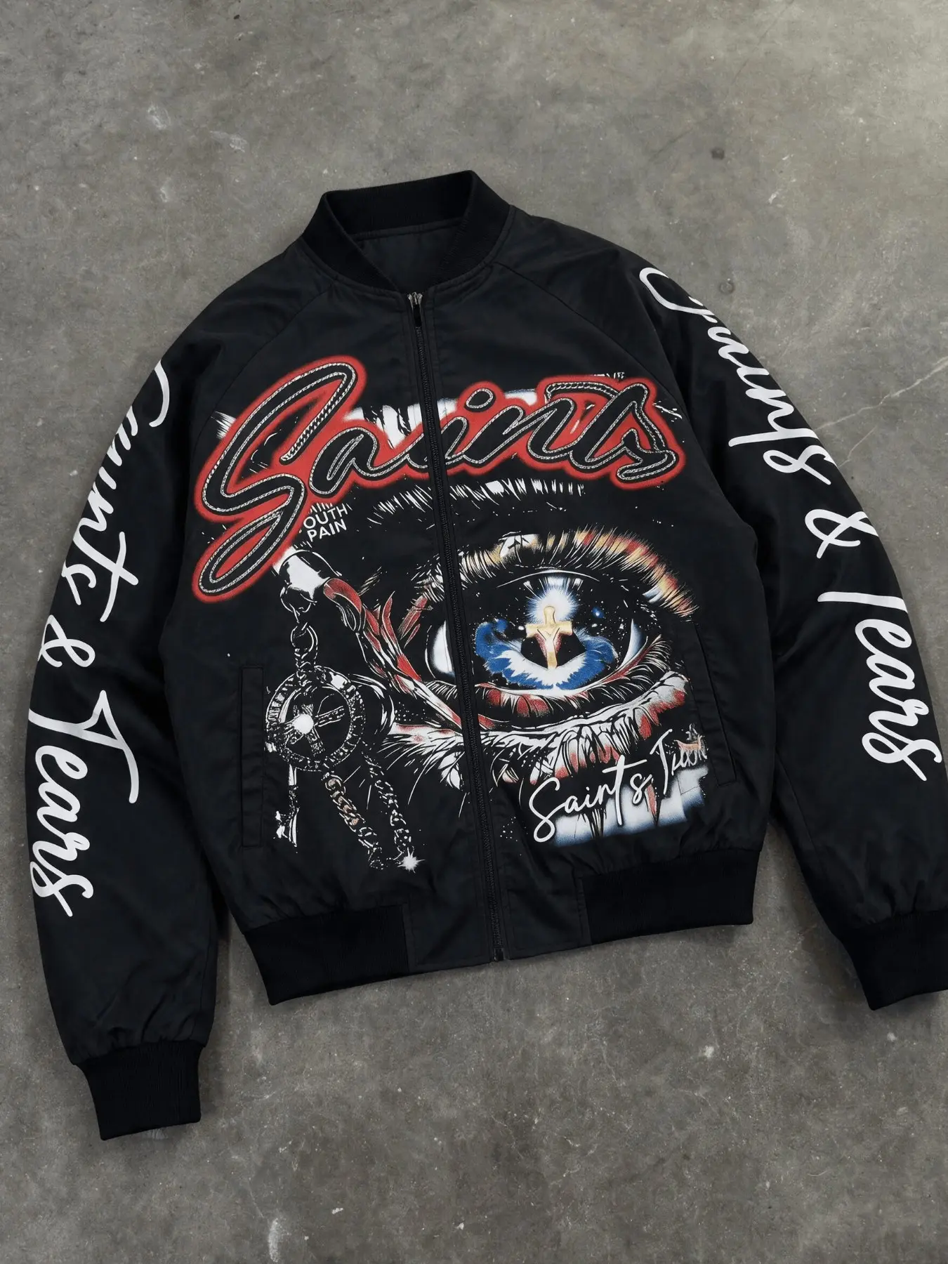 Men Y2K Dark Graffiti All‑Over‑Print MA‑1 Bomber Jacket, Gothic Streetwear Jacket, All‑Seeing Eye Cross Graphic Ribbed‑Trim Hip‑Hop Streetwear Outerwear