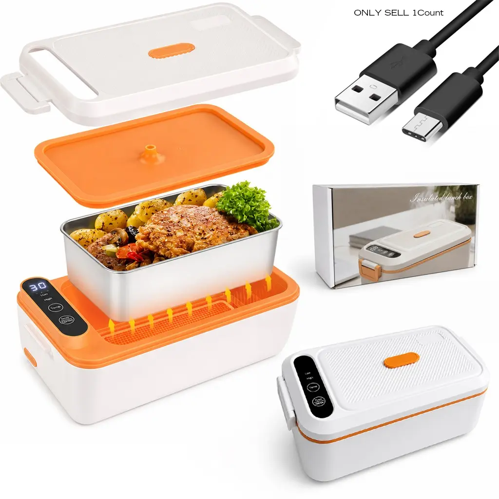 Portable Electric Lunch Box, Rechargeable Insulated Food Heater, LCD Digital Display Food Heating Box, Household Kitchen Appliances for Car/Truck/Work/Home/Travel, Meal Prep Containers, Gift