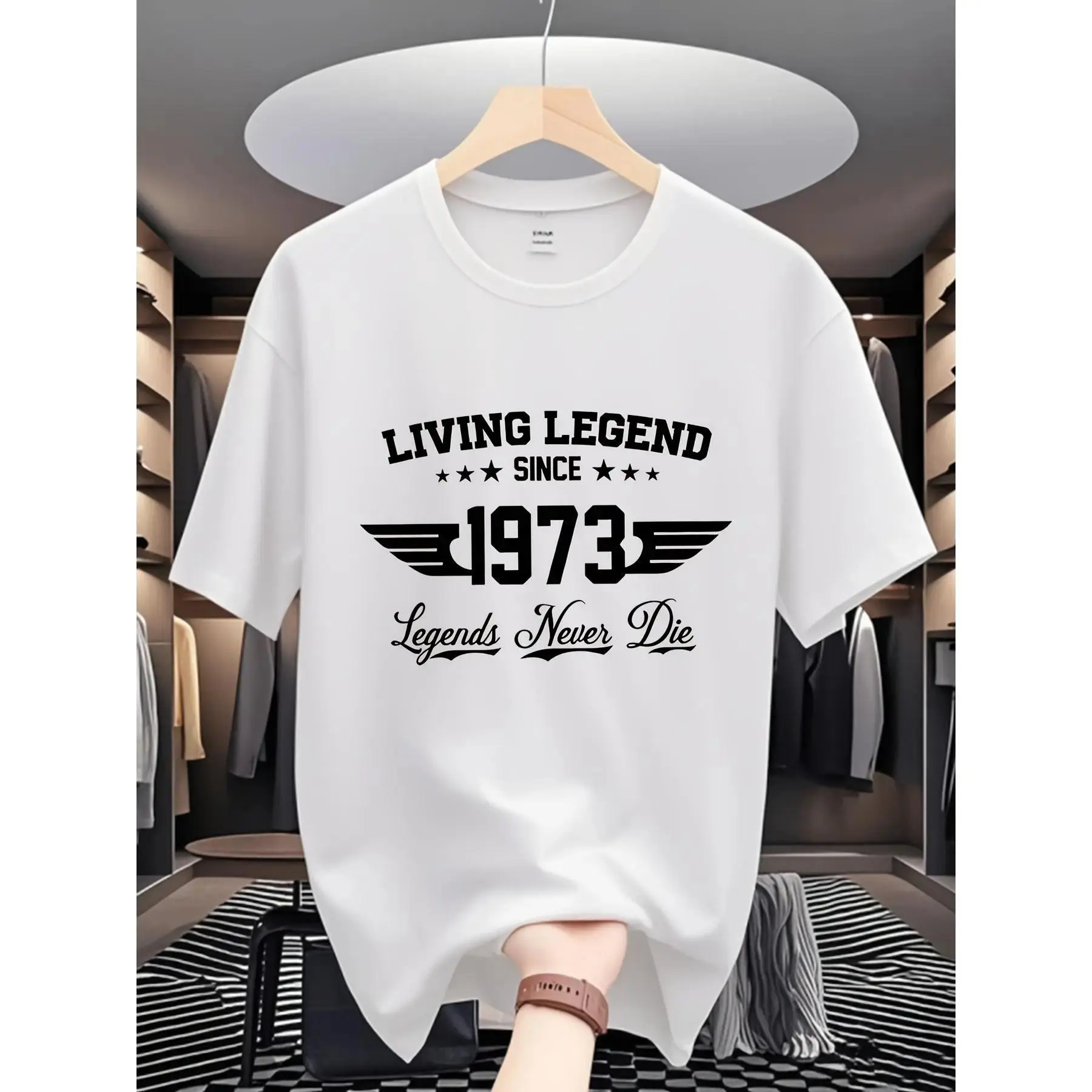 Men's 'Since 1973' Vintage Graphic CVC Cotton Crew Neck Short Sleeve Top - All Seasons, Machine Washable, Normal Type, Menswear Streetwear, Breathable for Summer Travel Sports, Casual Fitted Legacy Print