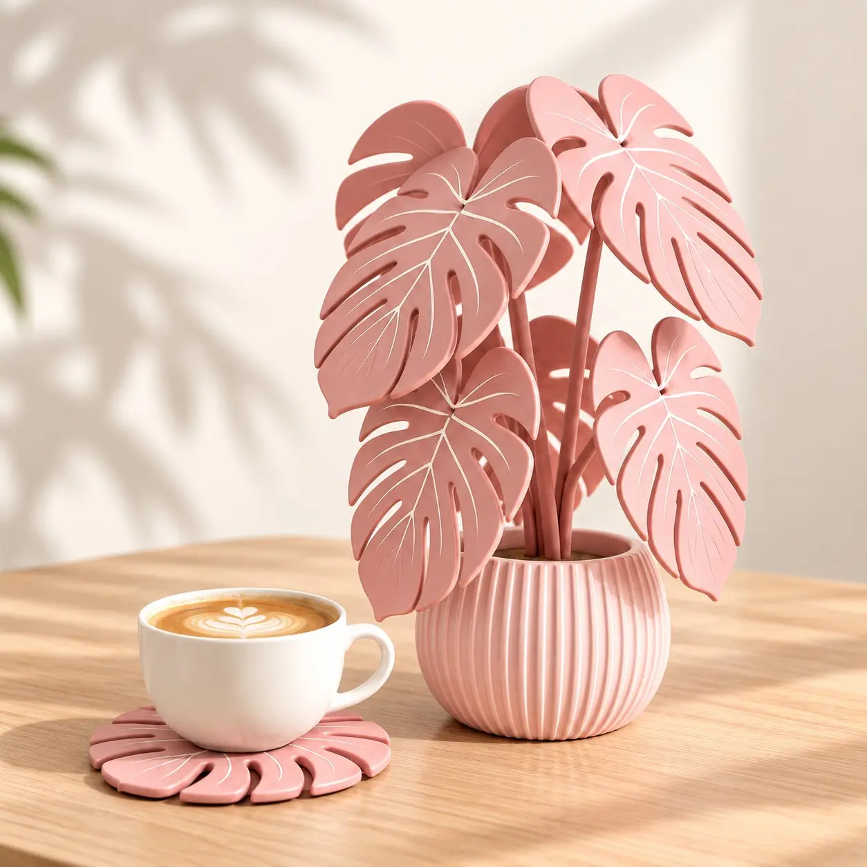 Monstera Plant Coaster Set, 6 Leaf Coasters with Potted Holder, Cute Coasters for Drinks, Modern Botanical Home Office Desk Decor, Functional Plant Lover Gift, Housewarming Christmas Gift, Black Friday Holiday Gift, Coffee Cup Coasters
