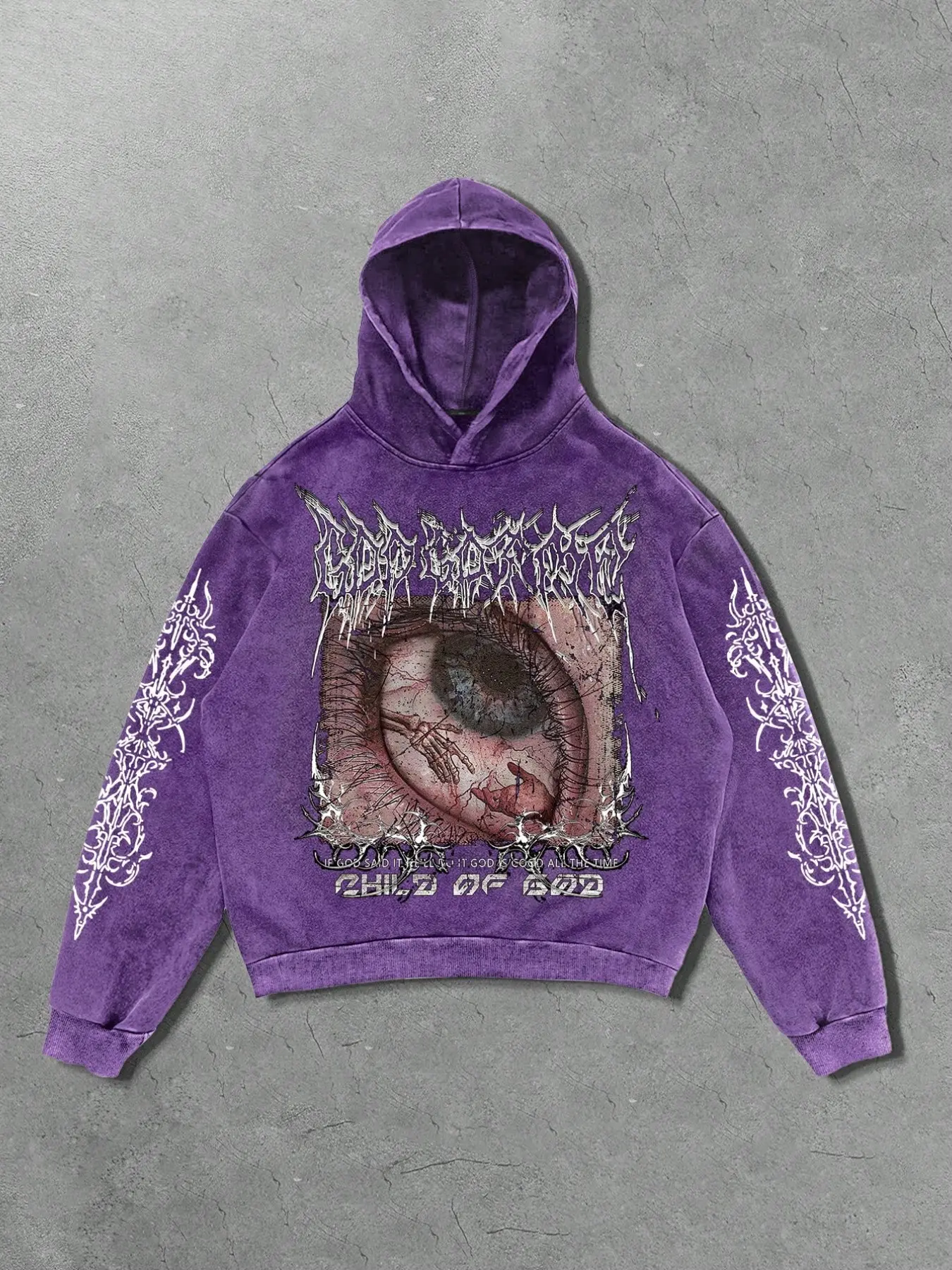 Men's American Gothic Hoodie, Heavy Metal Style, Washed Out Devil Eye Print, Loose Fit, Streetwear, Unlined, Plain Surface, 88.2g/m²