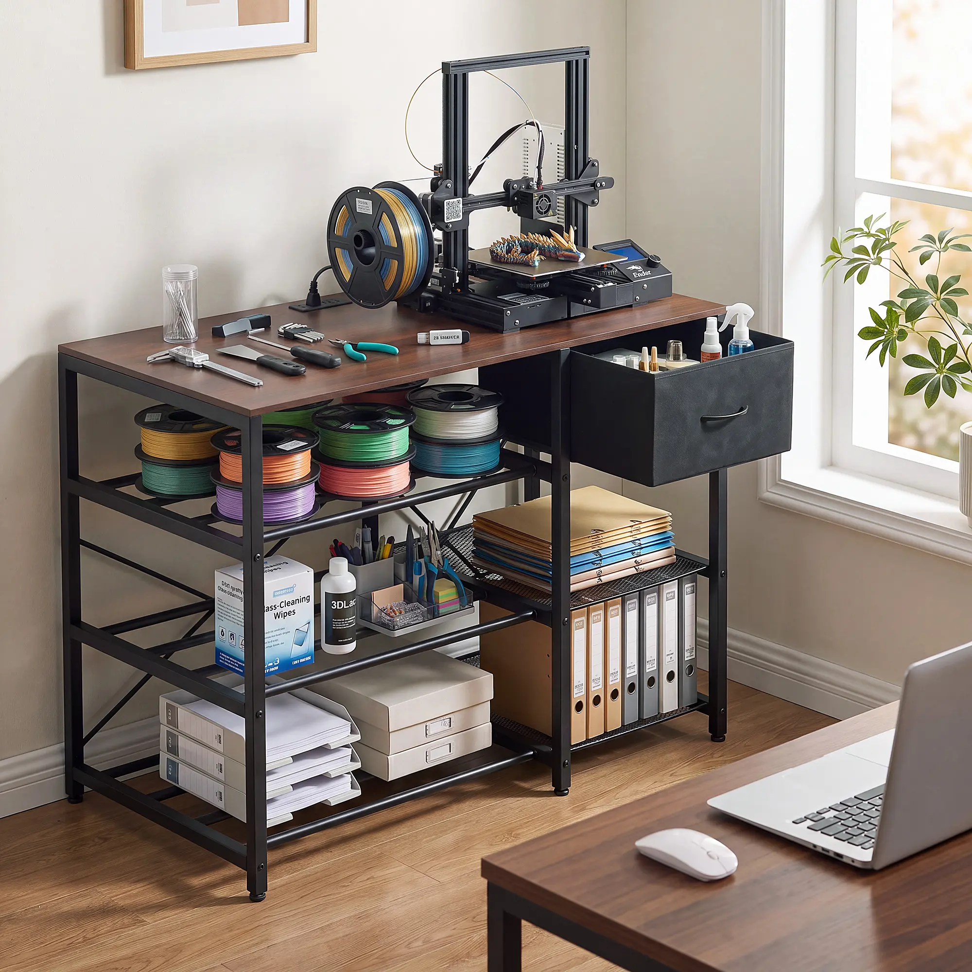Heavy Duty 3-Tier 3D Printer Stand with Power Outlet, Filament Spool Storage Rack & Drawer – Brown (Walnut), US Standard 110V Outlet