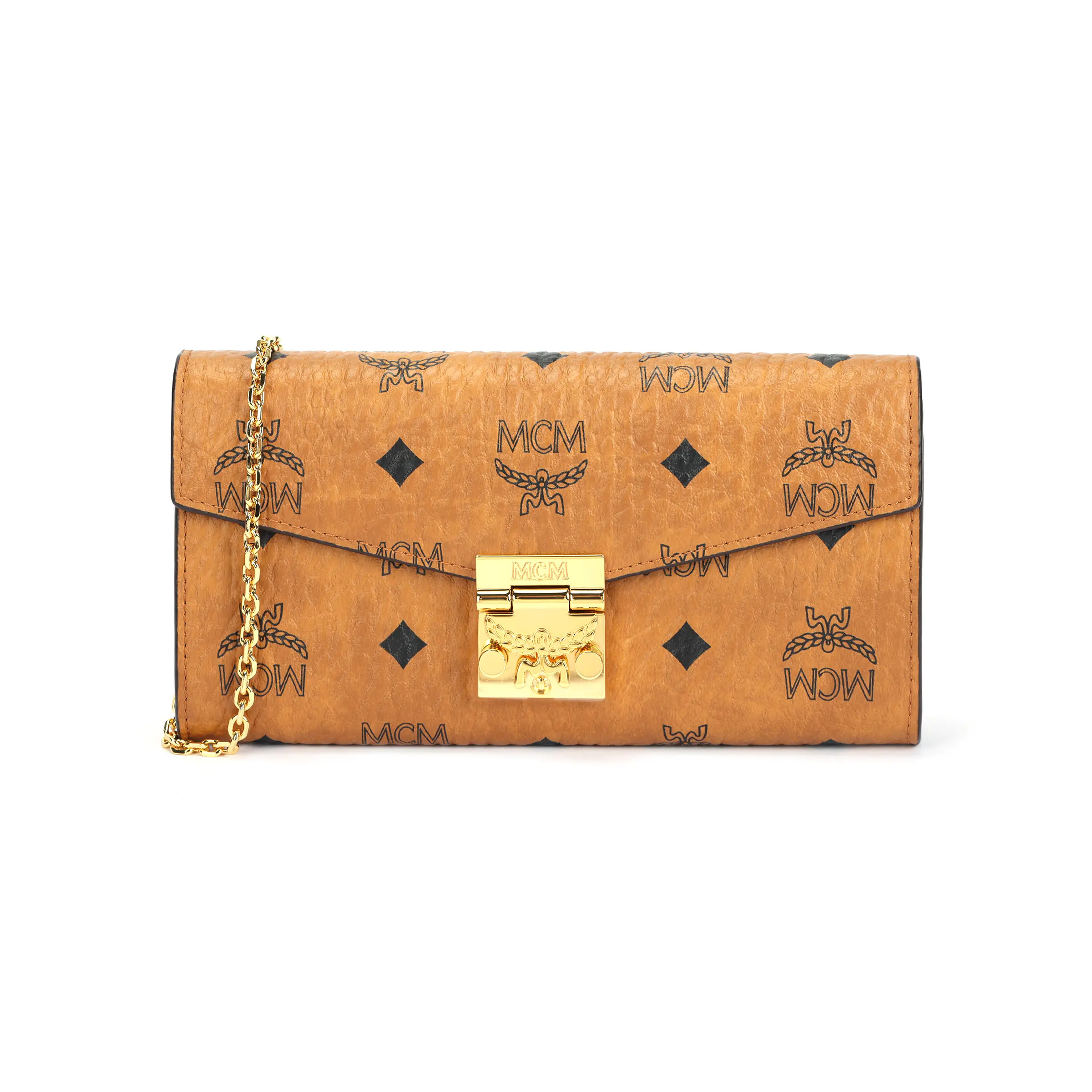 MCM Patricia WOC Vintage Monogram Small Lightweight Flap Chain Handbag for Women, Crossbody Clutch Wallet, Large Size, Brown Cognac