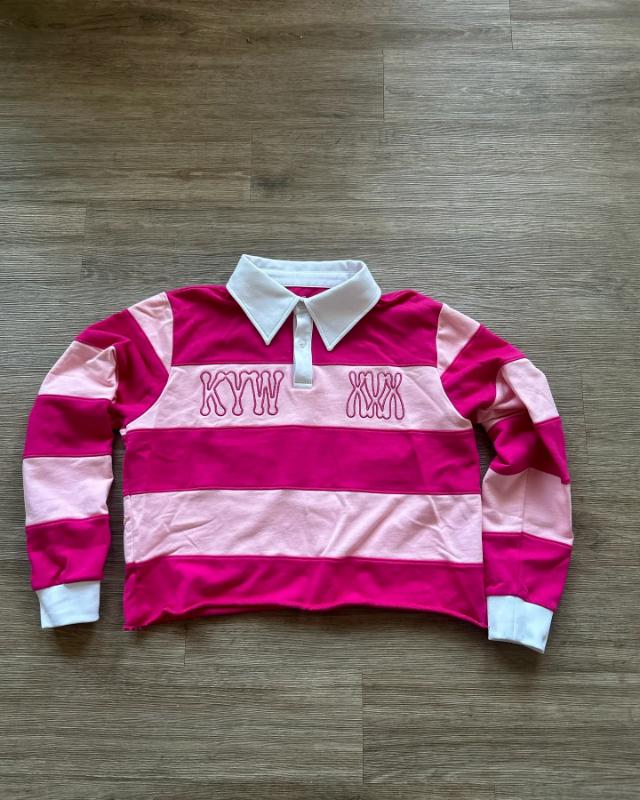 Pink Rugby Polo Shirts Hip Hop Men Stripe Print Lapel Neck Shirt