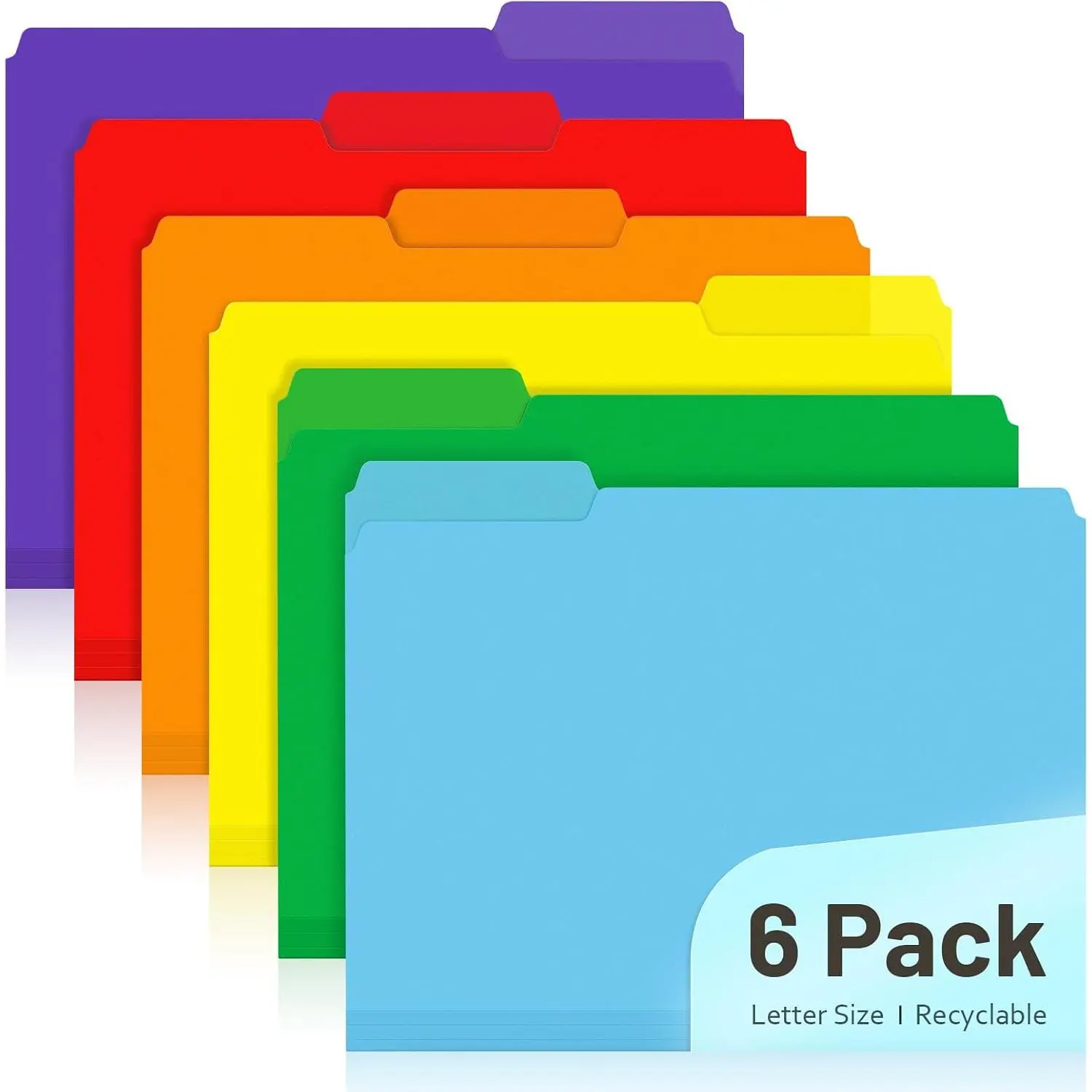 Plastic Colored File Folders, Letter Size 8.5x11, 6 Pack | 6  Colors,1/3-Cut Tabs, Poly Folders, For Documents, Office, , School Organization