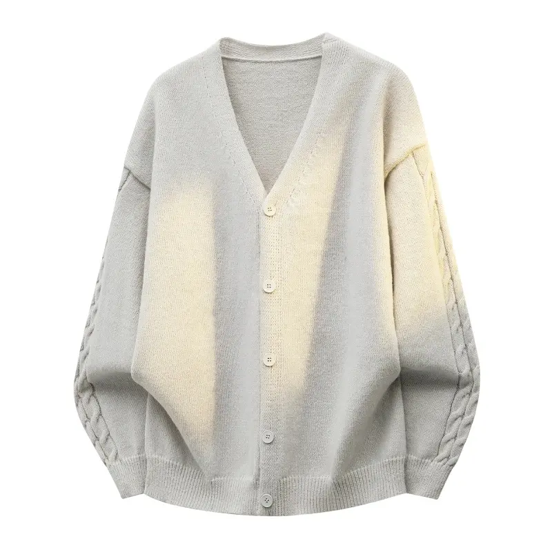 Men's Solid V-Neck Cable Knit Cardigan for Spring and Autumn, soft skin-friendly fabric with three-dimensional twisted cable knitting on sleeves, suitable as inner layer or outerwear, versatile for commute, daily wear and trips.