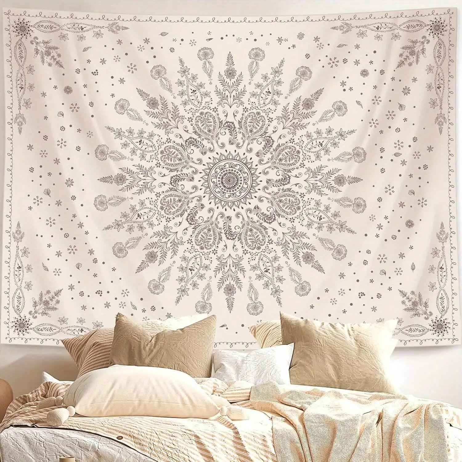 1Pc Beige Boho Mandala Floral Tapestry Cute Wall Hanging Art Decor For Bedroom Living Room Dorm Indoor Party Backdrop Durable Home Ornament Ideal Gift For Boyfriend Family Friends