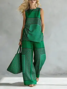 Women's Two-Piece Set, Casual Geometric Striped Round Neck Tank Top with High-Waisted Pocket Wide Leg Pants, Fashionable Ladies
