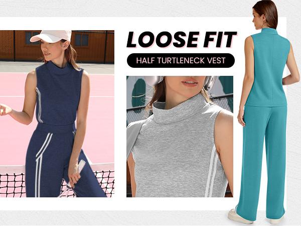 Casly Lamiit 2 Piece Sets for Women Summer Outfits Mock Neck Tank Top Wide Leg Pants Stripes Casual Loungewear Tracksuits Womenswear Clothes Sleeveless Tanktop Springfresh