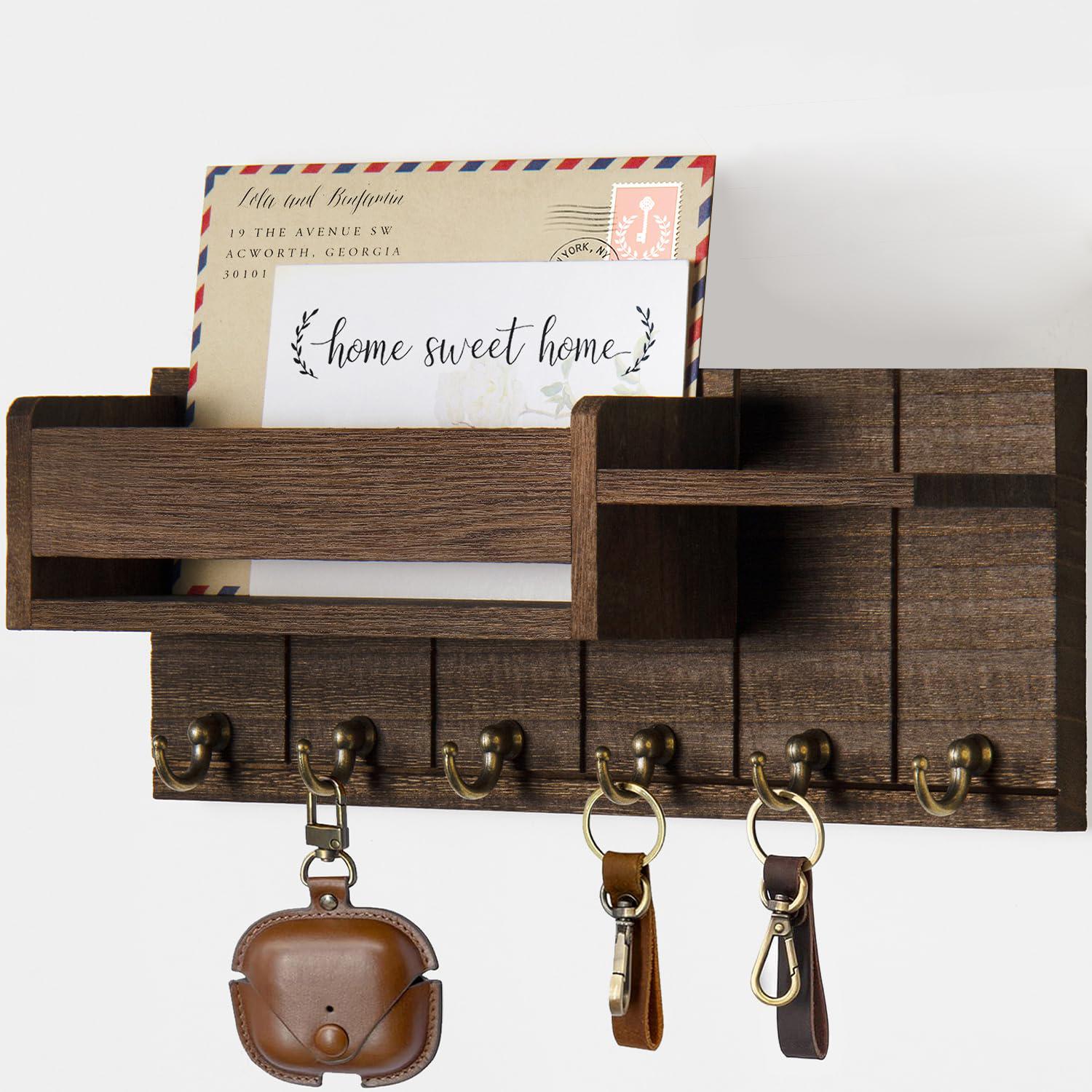 Wall-Mounted Key Organizer, Wooden Wall Shelf with 6 Key Hooks and Mail Sorter, Home Organizer for Entryway and Living Room