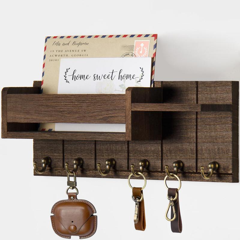 Wall Mounted Key Organizer Storage Holder, Wall Mount Design, 1 Count Wooden Wall Shelf with 6 Key Hooks, Mail Sorter, Home Organizer for Living Room Entrance #TOP PICKS