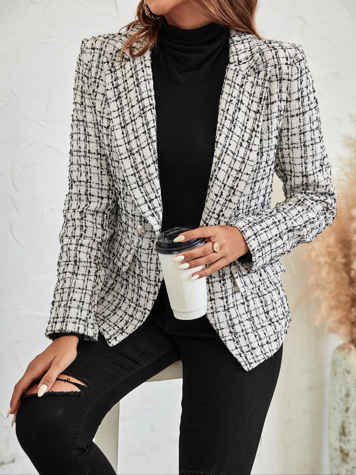 Women's Plaid Print Double Button Flap Detail Lapel Trendy Blazer, Casual Long Sleeve Outerwear for Fall & Winter, Ladies Clothes for Work Office Business, Elegant