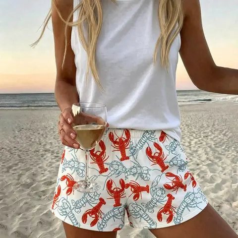 Women's Casual Shorts with Fun Lobster Print, Comfortable Summer Wear, Loose-Fitting Daily and Outdoor Apparel, All Seasons, Elastic