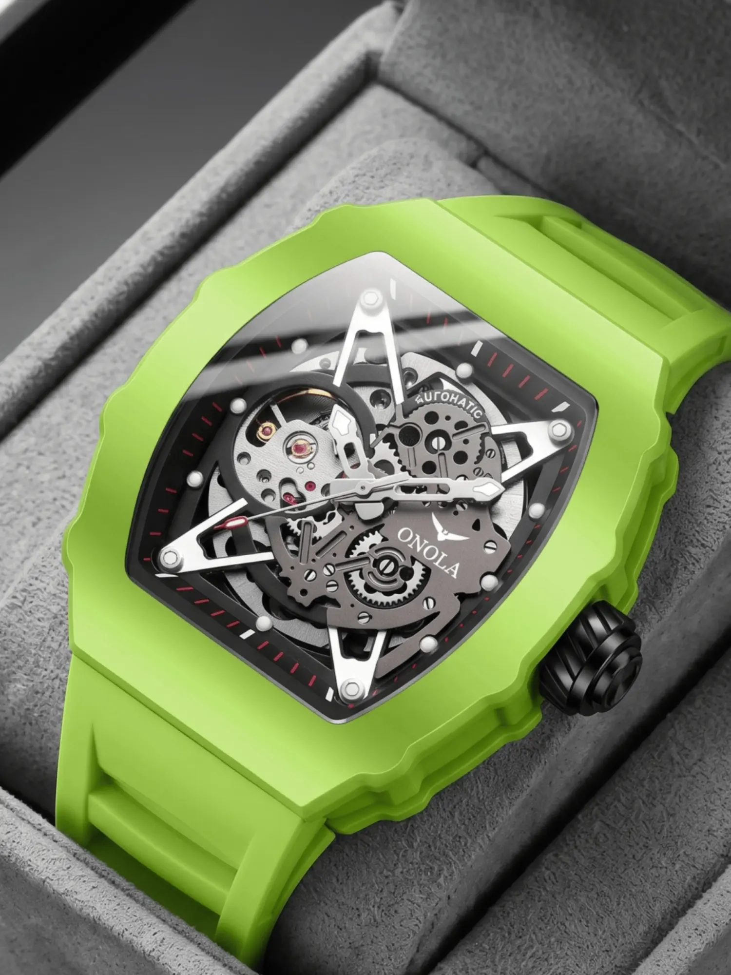 ONOLA Men Tonneau Skeleton Automatic Watch Mechanical Watches – Luxury Men's Watch, Fashionable Business Watch, Luminous Skeleton Watch, Silicone Strap, Mineral Glass, Casual Commuter Watch, Mechanical Watch for Boyfriend's Anniversary Gift