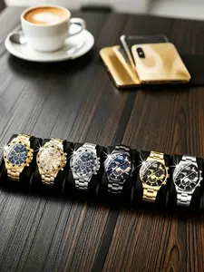 6pcs Sporty Multi-Function Zinc Alloy Watch Band Set, Large Dial with Multicolor Cases, Trendy Men's Analog Quartz Watches for Business and Casual