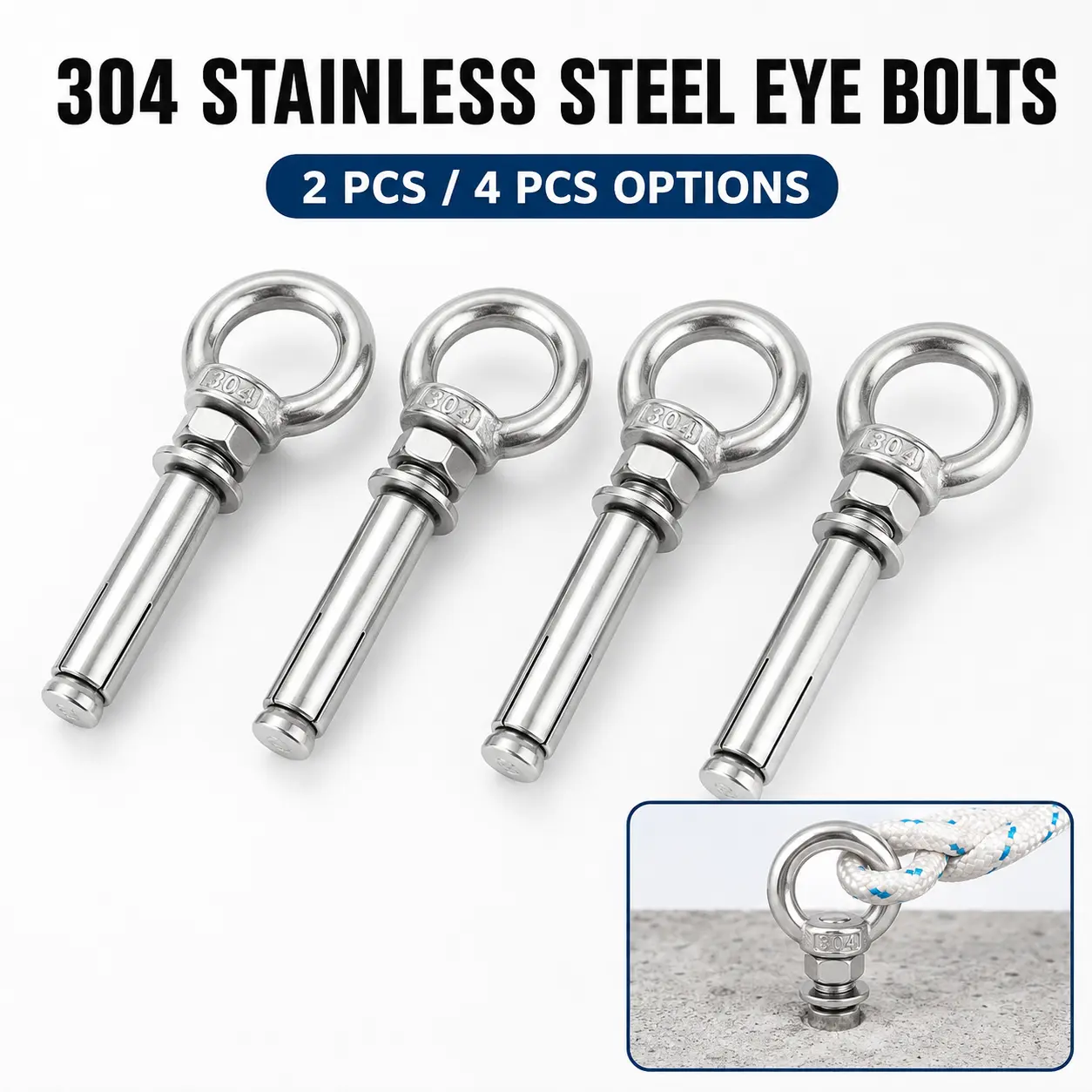 M6x50mm Ring Lifting Expansion Anchor Eyebolt 2 & 4 Pack Expansion Bolts Ceiling Hook Heavy Duty Bolts Anchor Fastener 304 Stainless Steel for Concrete Brick Wall-YY1