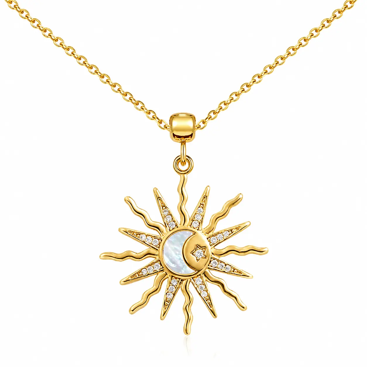 Sun Moon Necklace for Women, 18K Gold Plated Sun and Crescent Moon Pendant Necklace, Dainty Celestial Jewelry with Sparkling Star Charm, Adjustable Chain Layering Necklace for Women Girls, Gift for Her