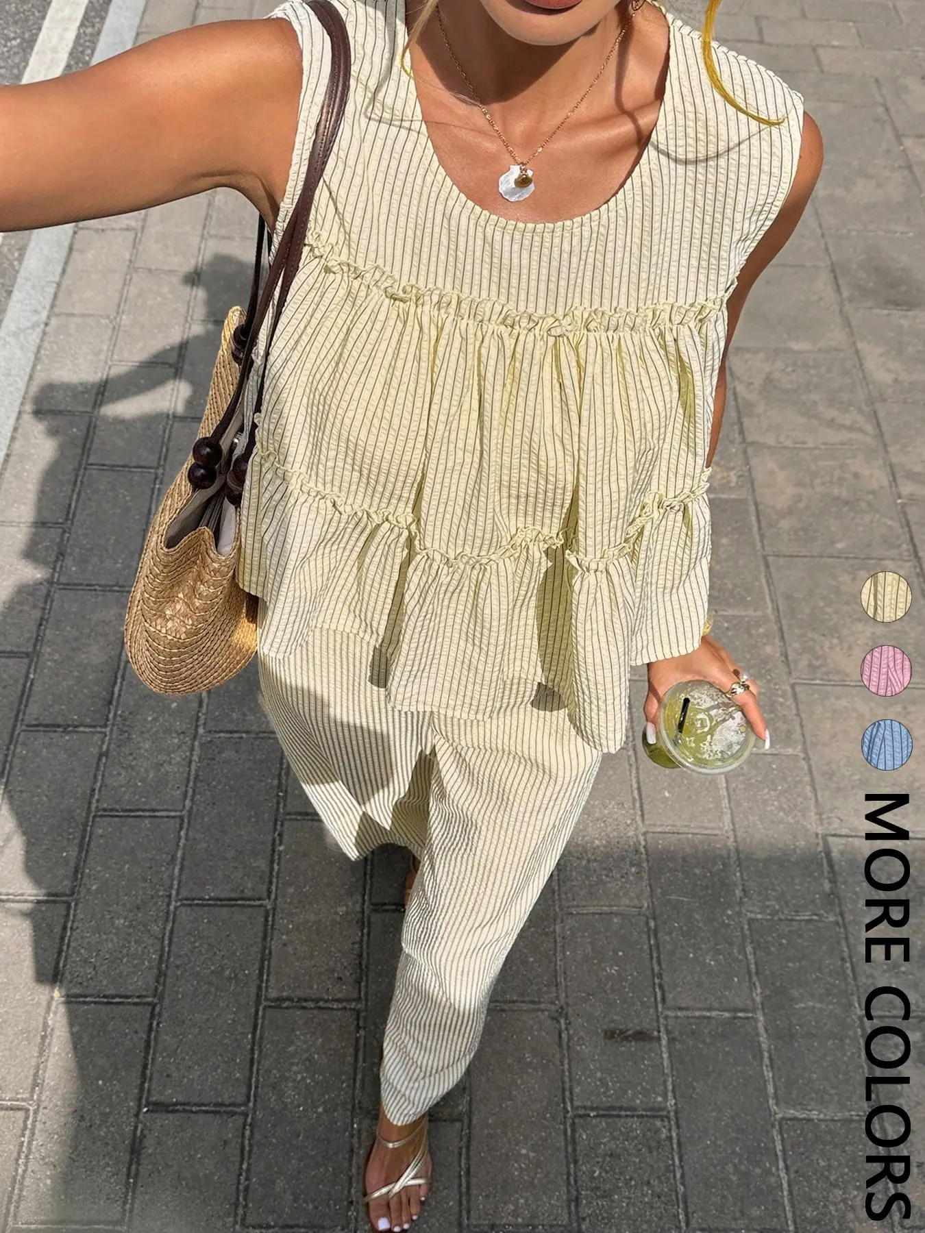 2 Piece Striped Casual Relaxed Lounge Set, Round Neck Sleeveless Layered Ruffle Top, Elastic Waist Wide Leg Pants, Holiday Style