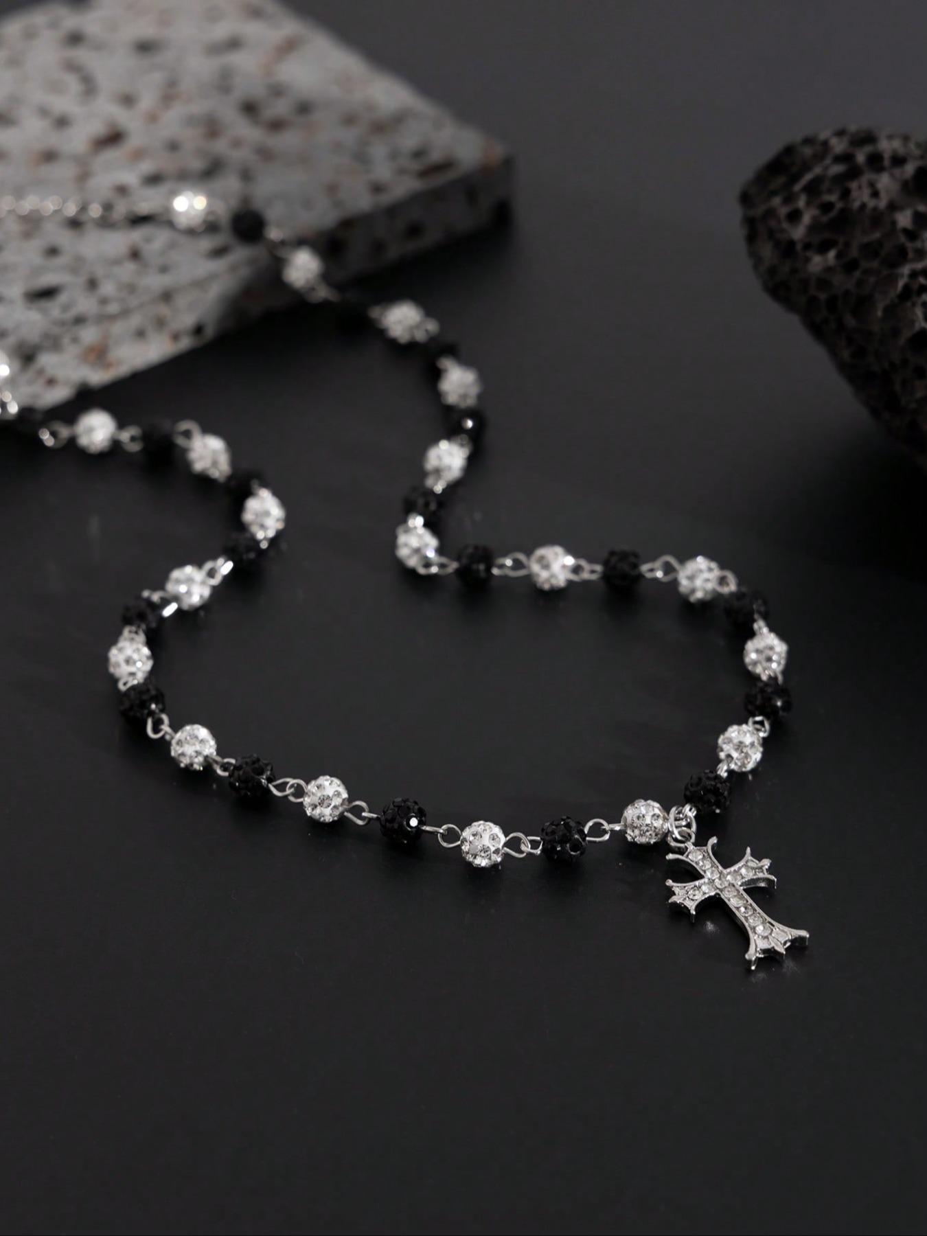 Vintage Stylish Simple Rhinestone Cross Decorated Imitation Pearl Necklace, Men's Hip Hop Punk Jewelry for Elegant Charm, Bling Necklace, Pearl Chain Necklace