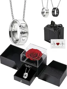 Dad Engraved Ring Pendant Necklace with Rose Gift Box, Stainless Steel Jewelry for Men, Cuban Link Chain, Jewelry Gifts for Party, Daily Decor, Birthday Gift, Personalized Necklace, Stainless Steel Necklaces