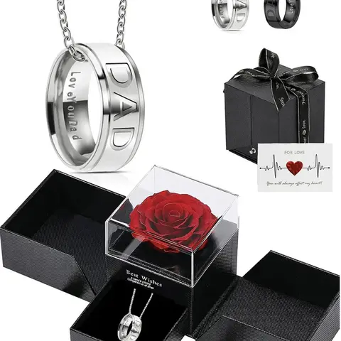 Dad Engraved Ring Pendant Necklace with Rose Gift Box, Stainless Steel Jewelry for Men, Men Accessories, Alloy Necklace, Jewelry Gifts for Parties, Birthday and Daily Wear, Personalized Necklace