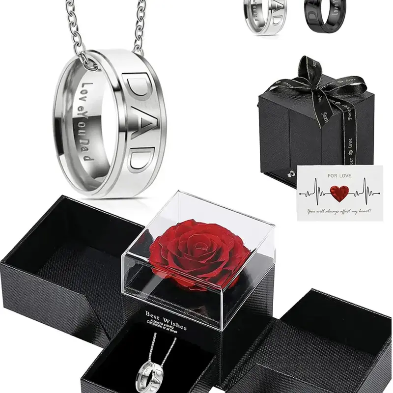 Dad Engraved Ring Pendant Necklace with Rose Gift Box, Stainless Steel Jewelry for Men, Men Accessories, Alloy Necklace, Jewelry Gifts for Parties, Birthday and Daily Wear, Personalized Necklace