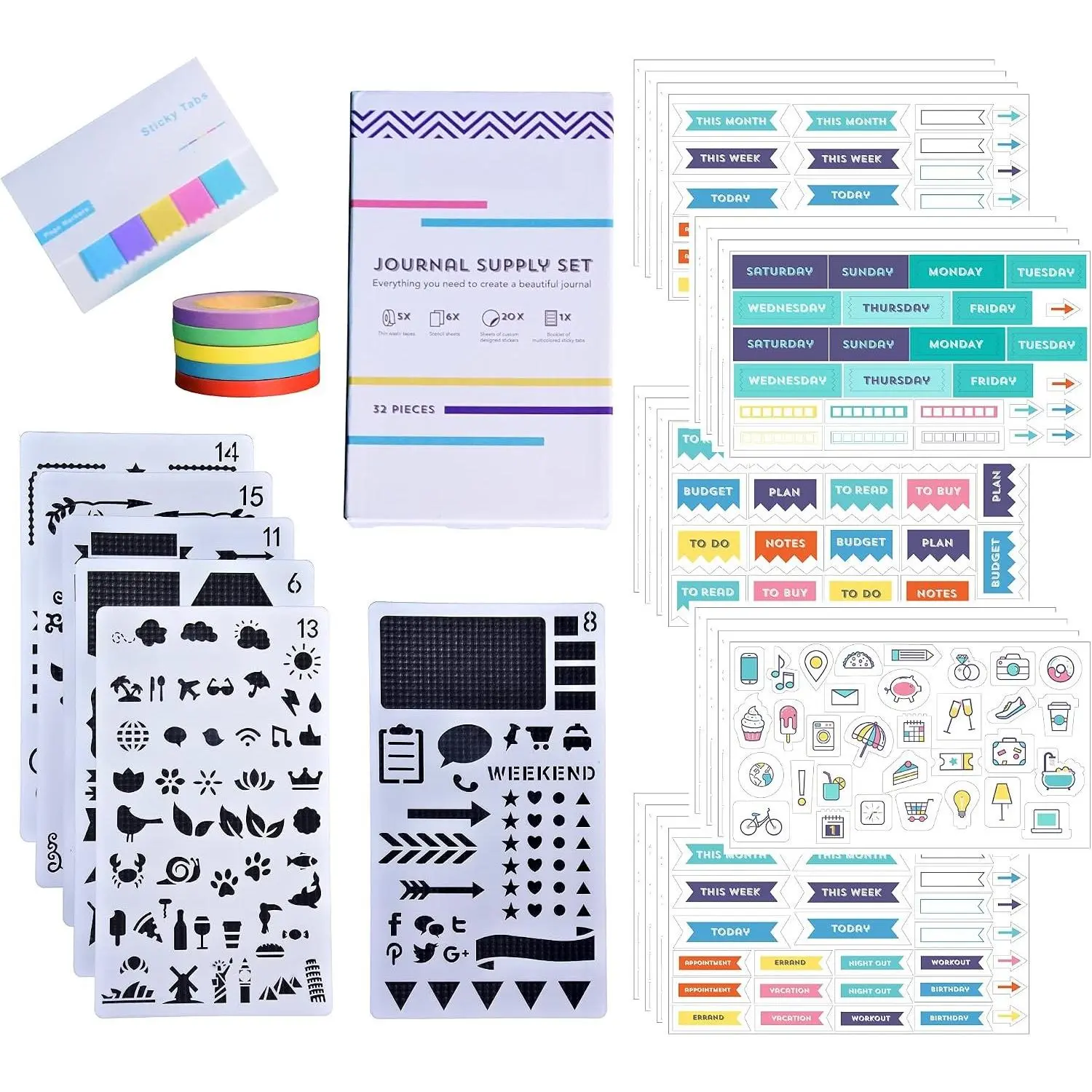 Planner Journal Supplies Kit - 32 count Set, Custom-Designed Supplies for  Dot Journals and Planners, Includes Stickers, Stencils,  Tapes and Sticky Notes, by