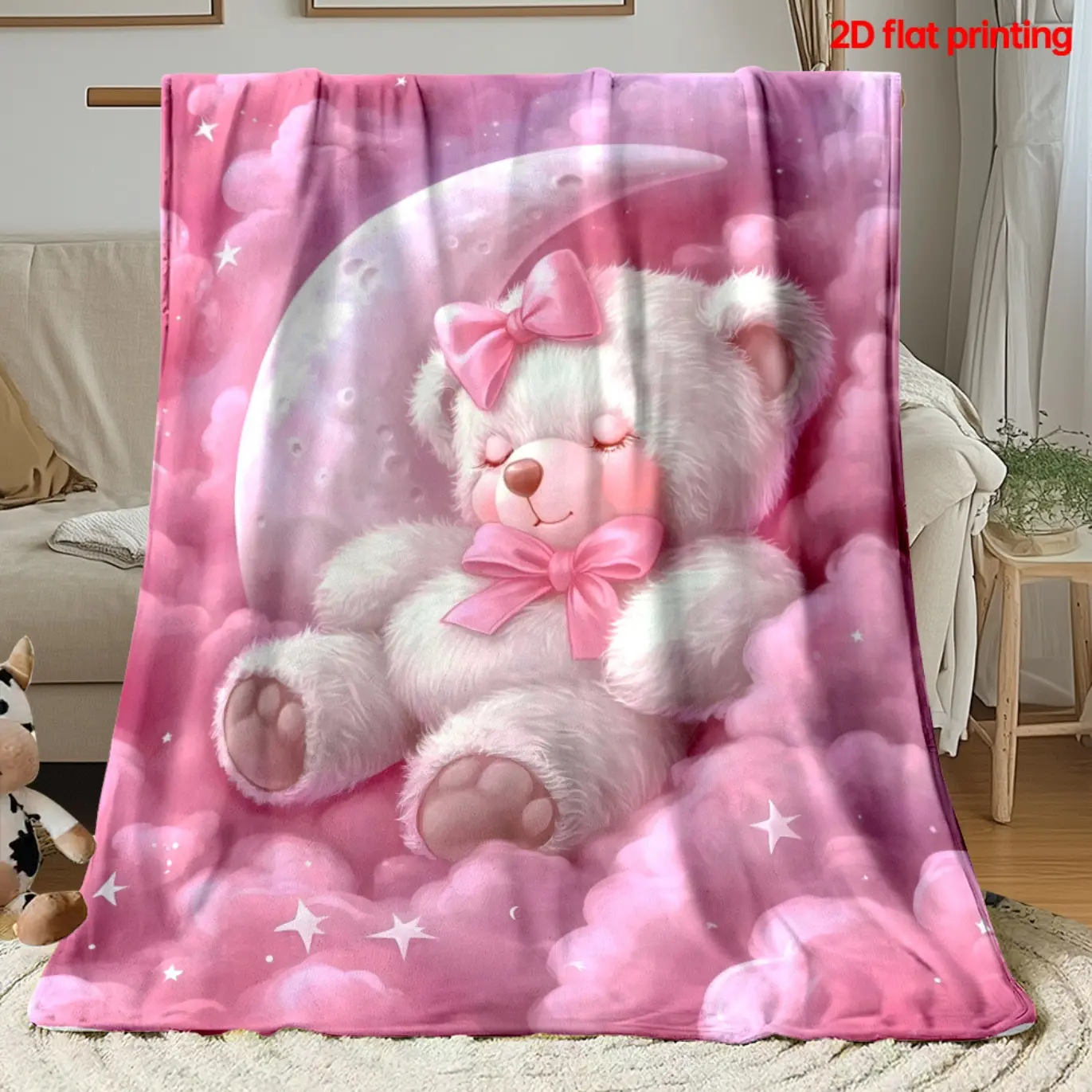 Cute Bear Pink Moon Cloud Flannel Blanket, Soft Warm Digital Print Throw Blanket, Lightweight Cozy Blanket for Travel Camping Sofa Bed Bedroom Office Chair, All Season Home Decor Blanket, Perfect Gift for Kids Family Friends
