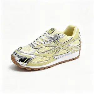 Soft Yellow Breathable Fishnet Running Shoes Glossy Silver Trim Chunky Gum Sole Urban Fashion Trainers