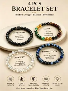 4Pcs Exquisite Boho Crystal Stacking Bracelet for Men Women - Tiger Eye, Obsidian, Hematite Natural Stone Beads - Protection, Money Attraction, Anxiety Relief & Strength - Minimalist Beaded Jewelry Gift for Mom's Day, Father's Day