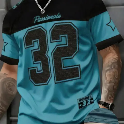 Men's Casual Round Neck Short Sleeve T-Shirt, Star & Number Print Stylish Football Jersey, Fitted All Seasons Sports Shirt, Sports Top, Workout Tops, Fitness Shirts, Fitness Apparel, Fitness Workout Shirt, Short Sleeved