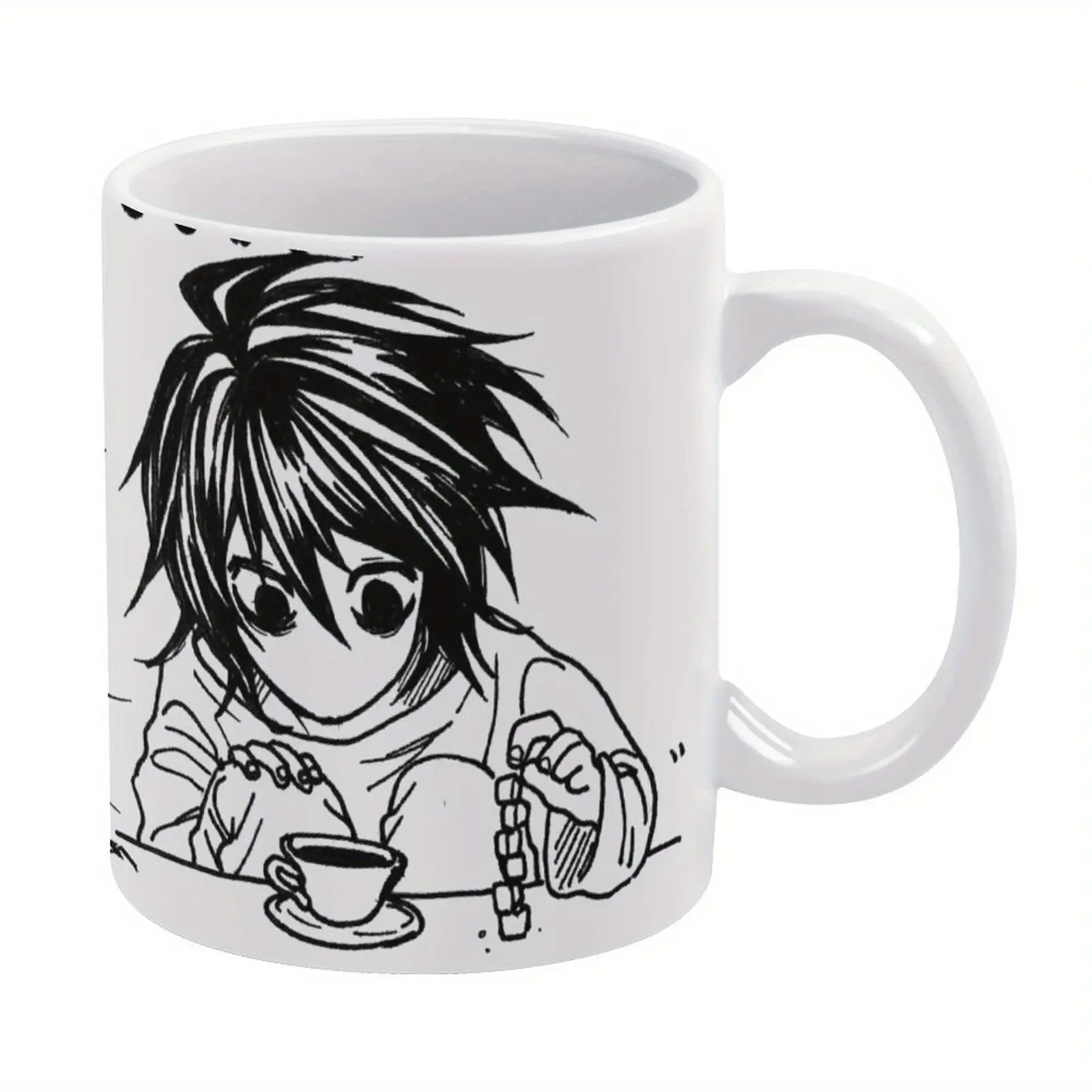 11 oz, 1 Anime-Style Ceramic Mug—Featuring a unique design, this reusable, insulated coffee mug is hand-wash only—the perfect choice for coffee lovers, a black-and-white work of art, ideal for home or office use, tea mug | Anime mug design | Reusable mug