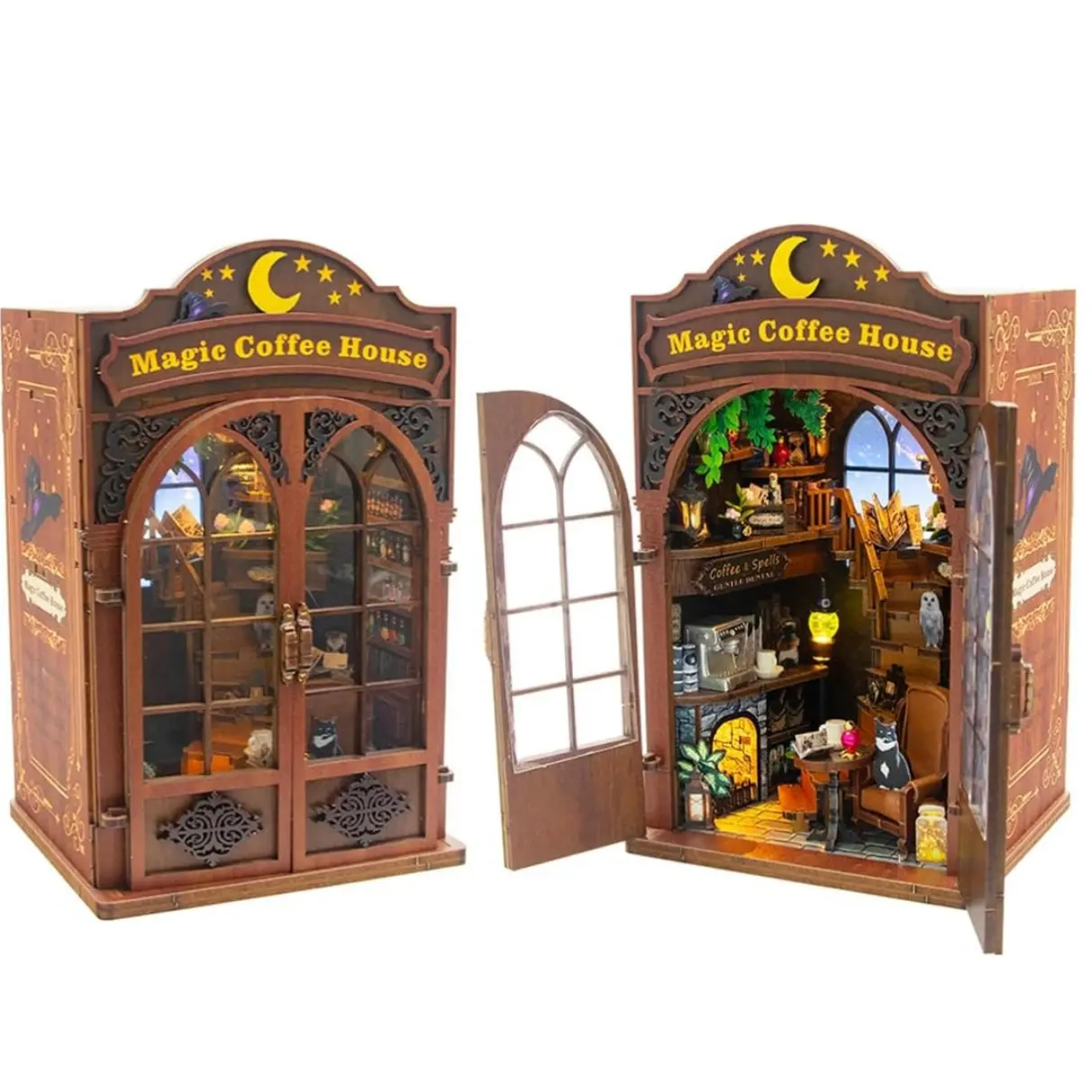Book Nook Kit - DIY Miniature House Dollhouse Kit for Adult and Teens, Bookshelf Decor Coffee Shop Model Build with LED Light, Gifts for Family and Friends