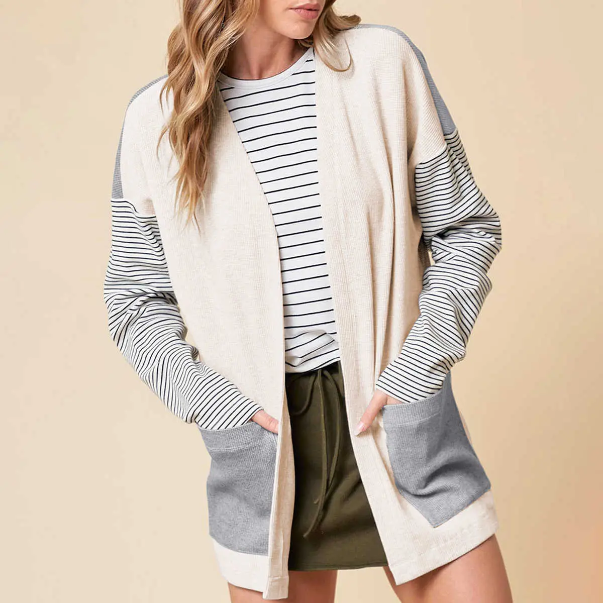 Women's Casual Long Sleeve Black Stripe Colorblock Patchwork Open Front Cardigan with Pocket, Stylish Knit Tops