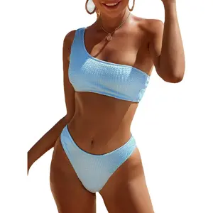 Women One Shoulder Bikini Set Ribbed Textured Two Piece Swimsuit High Cut Cheeky Bathing Suit(Gift)