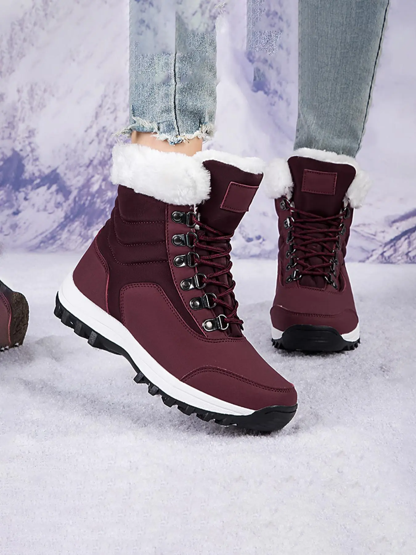 Women’s Premium Lace-Up High-Top Winter Hiking Boots, Fleece Lined for Warmth, Windproof, Slip-Resistant & Waterproof, Ideal for Daily Wear & Outdoor Activities, Outdoor Trekking Footwear