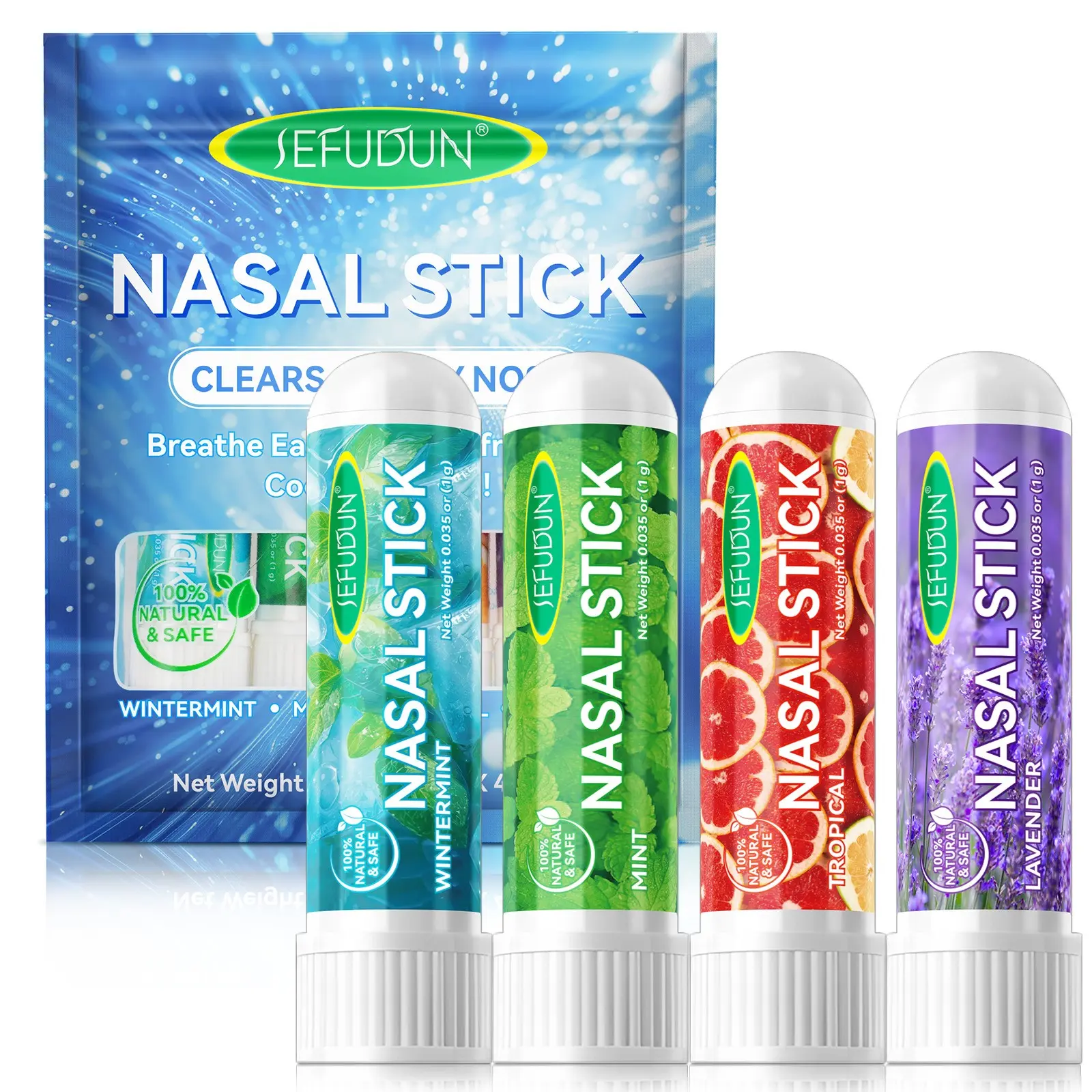 Sefudun Nasal Decongestant Sticks, 4 Pcs Bag, 4 Scents, Refreshing Energy Boost, Ideal for Work, Study, Driving, Motion Sickness Relief