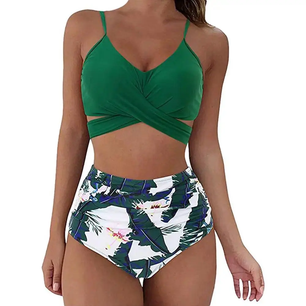 Women's High-Rise 2-Piece Slim Bikini Set - 12-Color 2025 Solid/Floral Ruched Cross-Front Brazilian Swimsuit