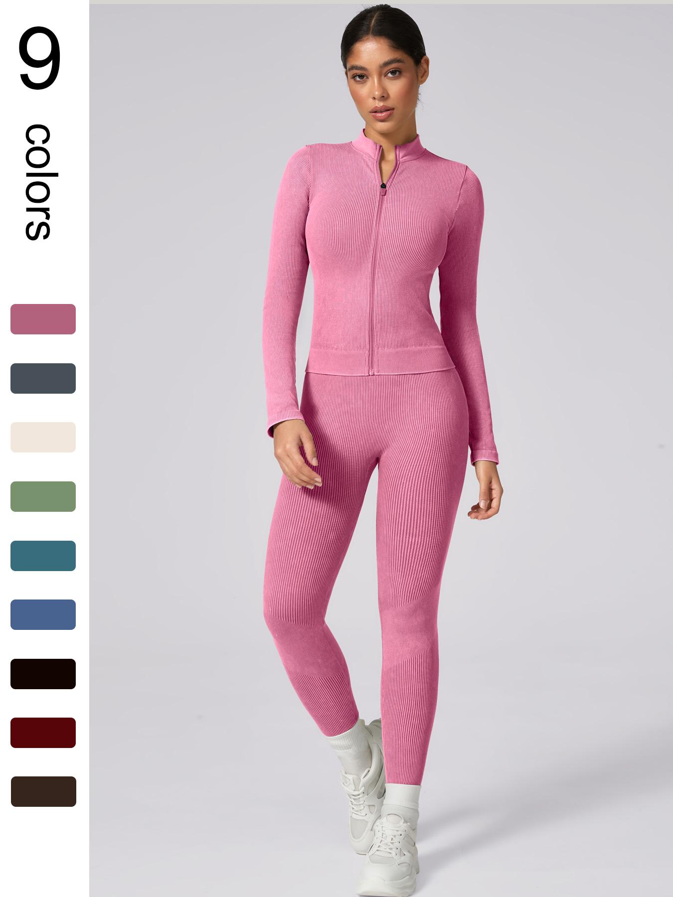 Women's Plain Tracksuit Set, Sports Zip Up Crop Jacket & High Waist Leggings, Ladies Spring & Fall Clothes, Gym Wear, Yoga Suit Outdoor
