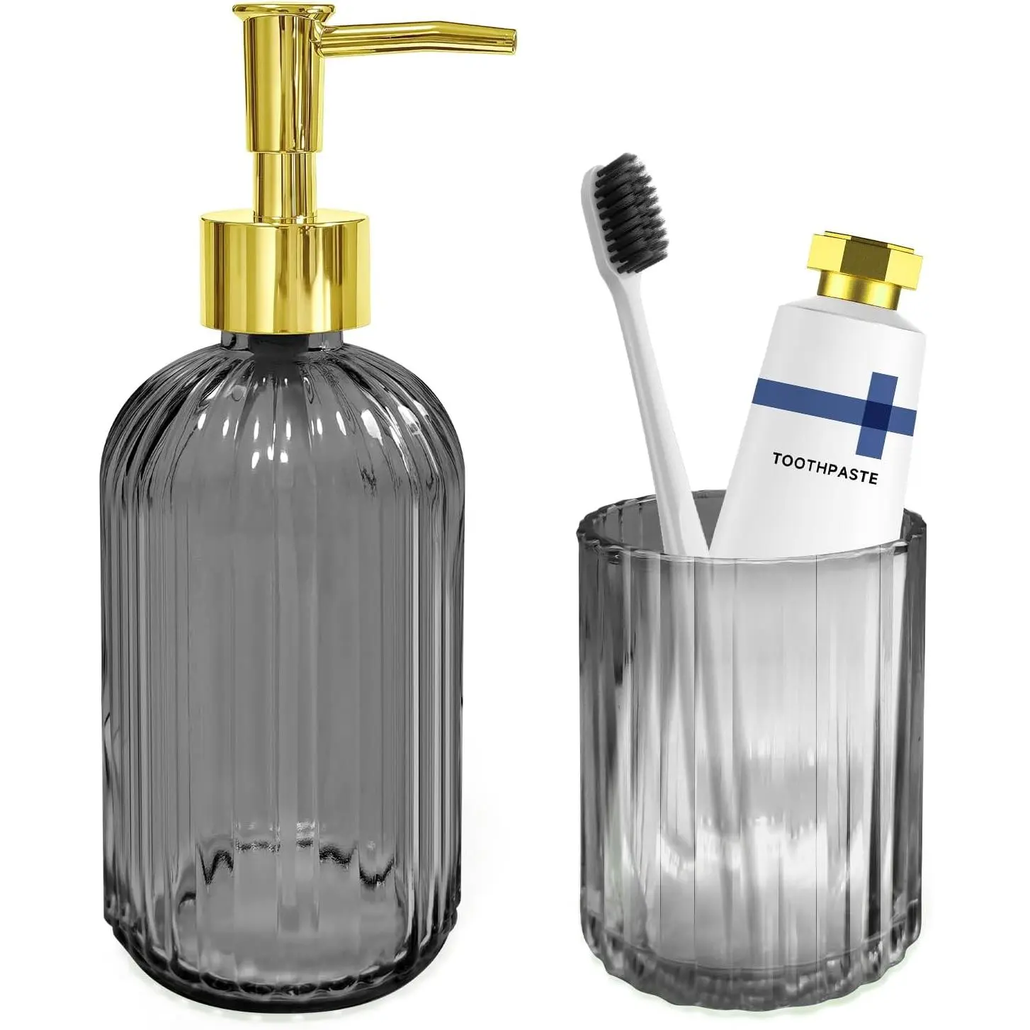 Grey Glass Bathroom Accessory Sets, Soap Dispenser, Toothbrush Holder Set |   Grey Bathroom Set, Modern Bathroom Decor, Vintage Gift, housewarming gift