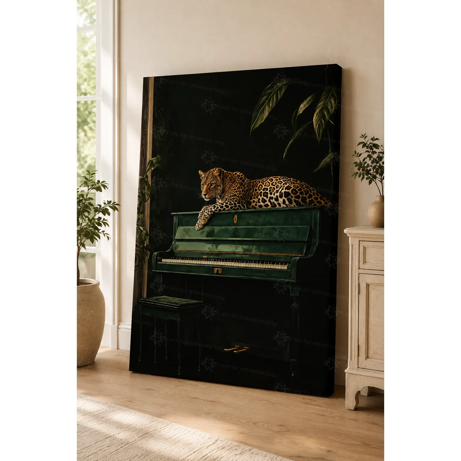 2D Flat, 2D/Flat 1pc Leopard Lazily Lying On The Dark Green Piano, Retro Style Animal Themed Canvas Printing Oil Painting, Full Of Mystery And Elegance Art Poster, Wall Art, Bedroom, Living Room, Study, Office, Dining Room Wall Decor