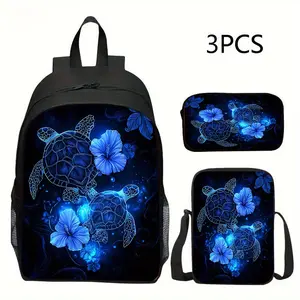 3pcs Turtle Backpack Set - 1 Shoulder Bag, 1 Crossbody Bag, 1 Pencil Case with Vibrant Blue Turtle & Floral Design, Lightweight & Durable for School, Travel, or Gifts, Travel Backpack |   Stylish Backpack |   Adjustable Strap Bag