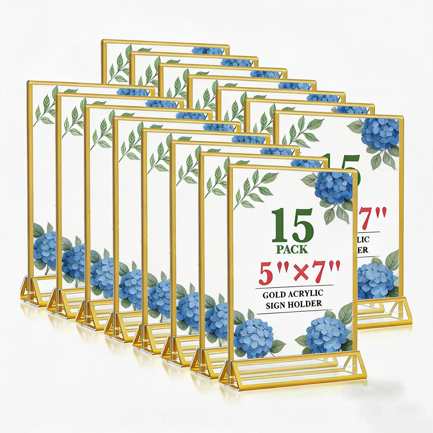 15 Pack 5x7 Gold Acrylic Sign Holder, Double Sided Vertical Table Number Stands, Clear Gold Border Picture Frames for Wedding, Restaurant, Party, Menu Display