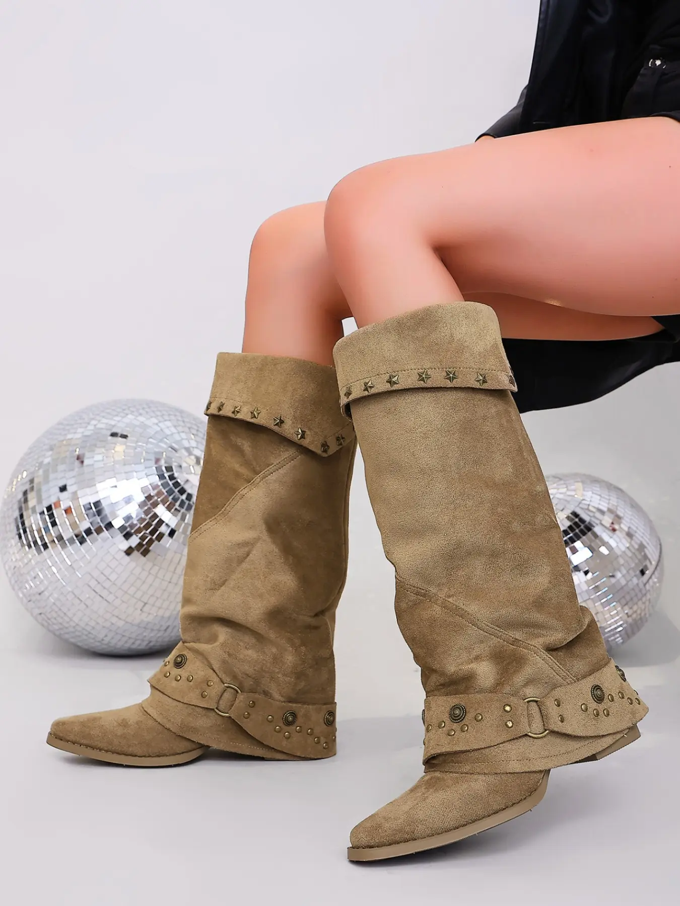 Four season fashion double-layer flip high heels motorcycle boots for women, rivet collar punk style western boots, retro pointed PU high-heeled boots, street style personalized clothing matching