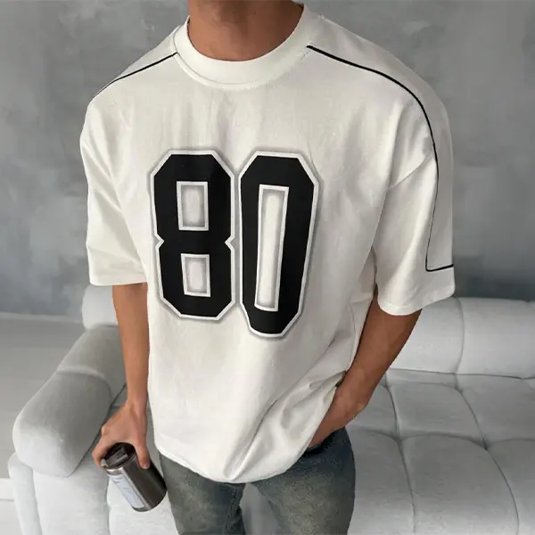 Retro Athletic Style Short Sleeve T-Shirt Featuring Bold Front Number Print and Shoulder Line Decor, Breathable Relaxed Silhouette, Versatile Wardrobe Piece to Build Cool Casual Summer Outfits and Youthful Mensfashion