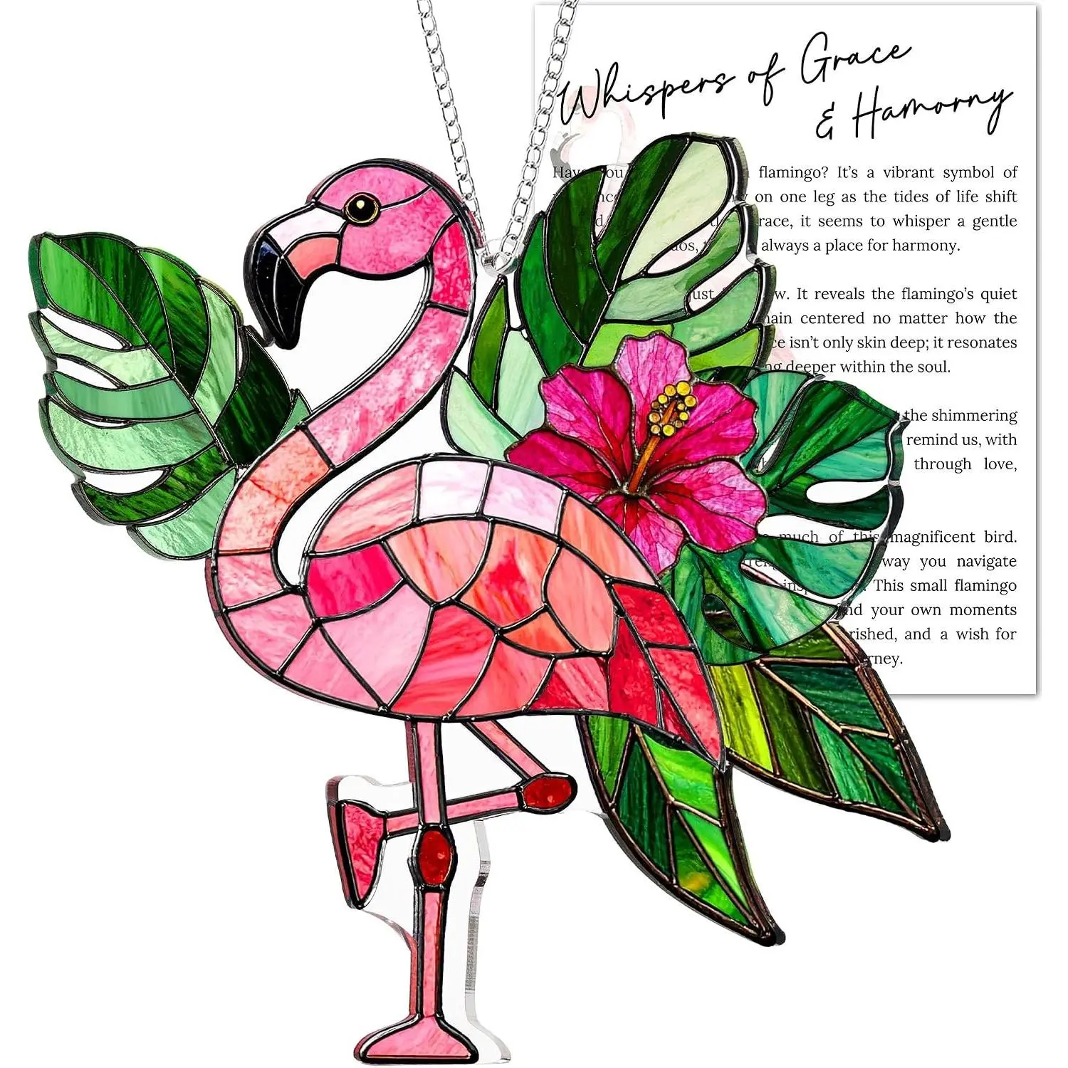 Flamingo Gifts for Women - 4.6" Acrylic Suncatcher Window Hanging Ornament with Story Card, Faux Stained Glass, Pink Christmas Tree Decor, Tropical Palm Hanging DecorationGift